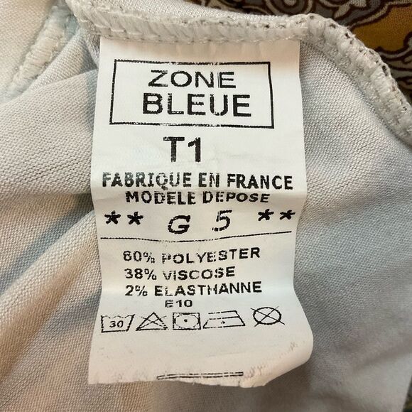 Zone Bleue Paris white with scarf print double tie front bell sleeves blouse S - Picture 6 of 7